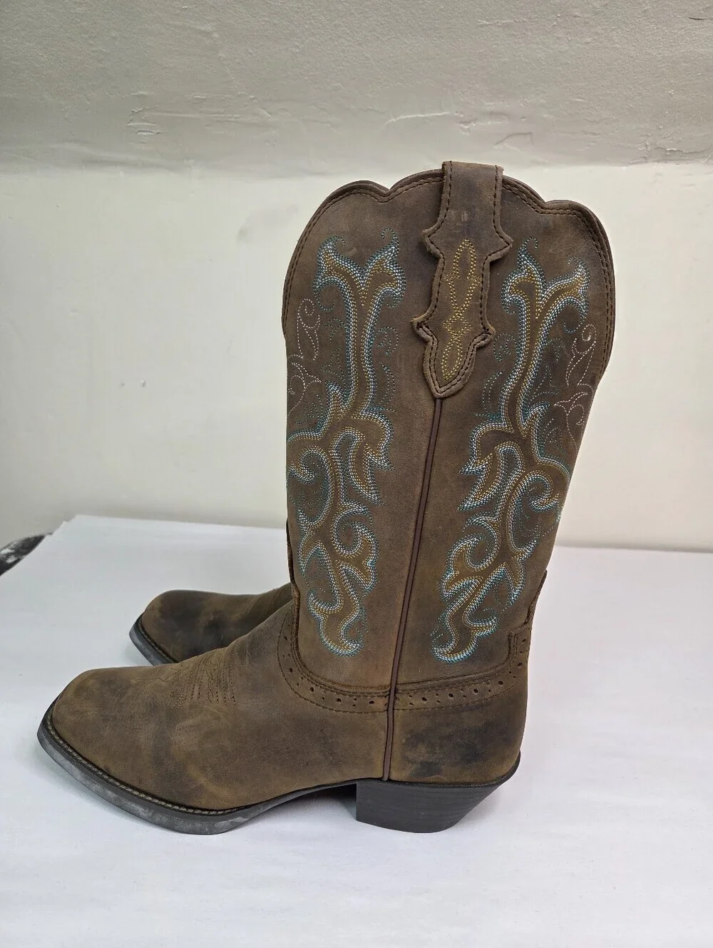 Justin Boots Brown Leather Western Cowboy Boots Embroidered Square Toe  8.5B